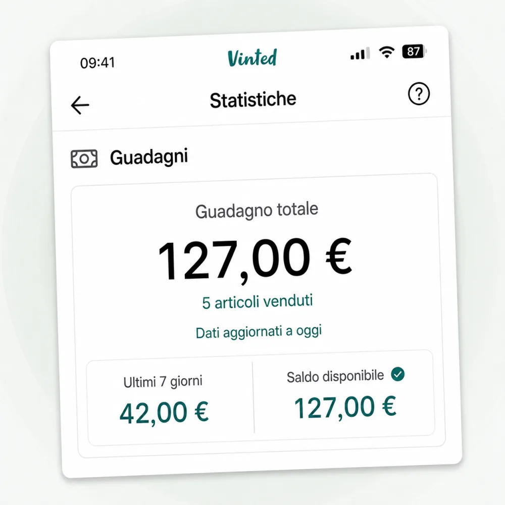 Statistiche Vinted: 127,00 € di guadagno totale, 5 articoli venduti